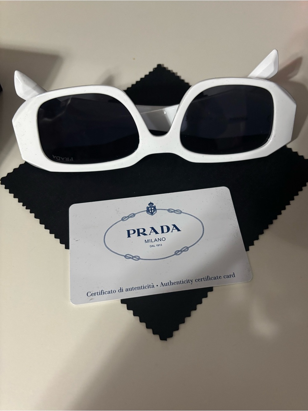Prada White Rectangular Frame Sunglasses with Black Lenses - Picture 2 of 3
